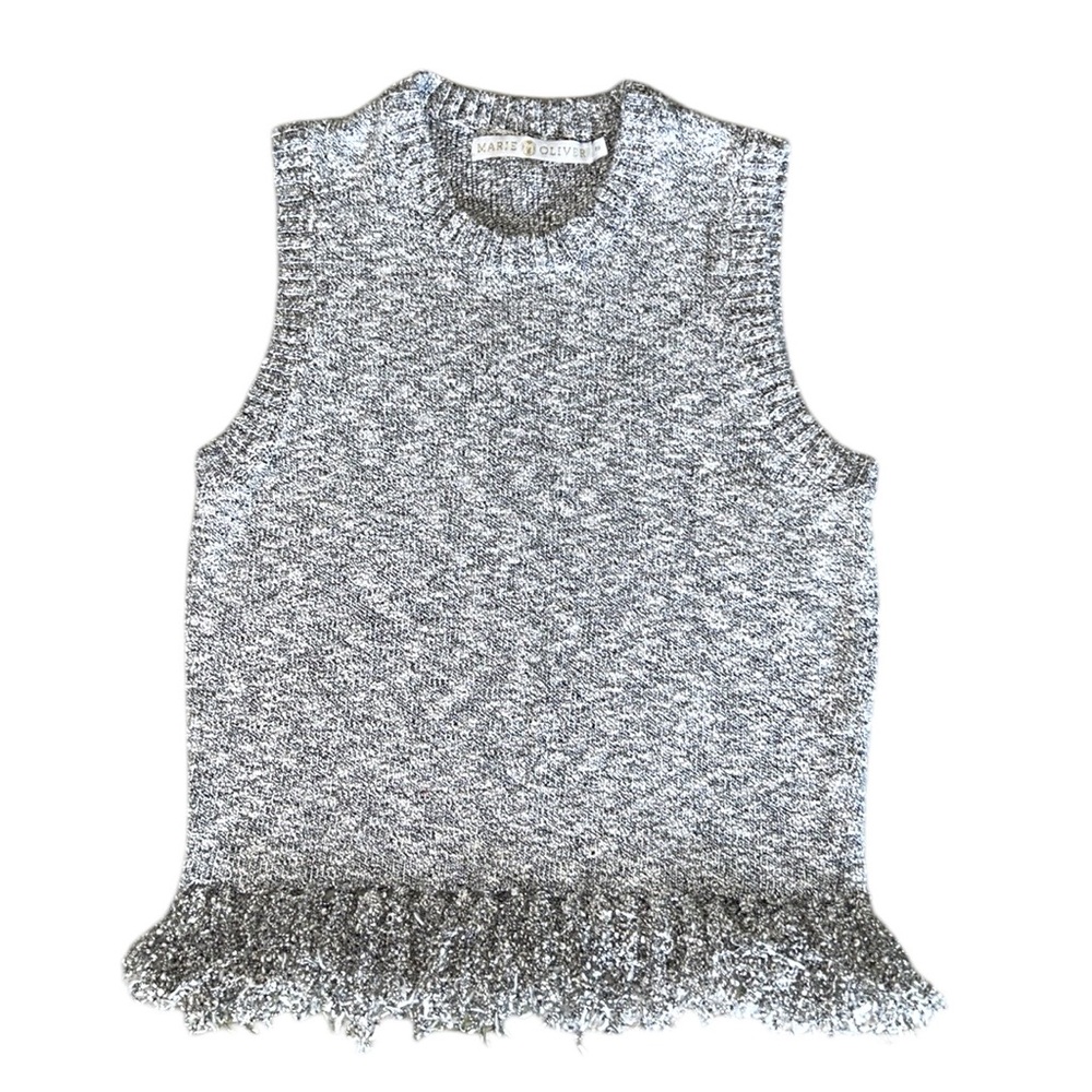 Marie Oliver Gray Metallic Silver Sleeveless Fringe Crop Knit Sweater Vest - XS